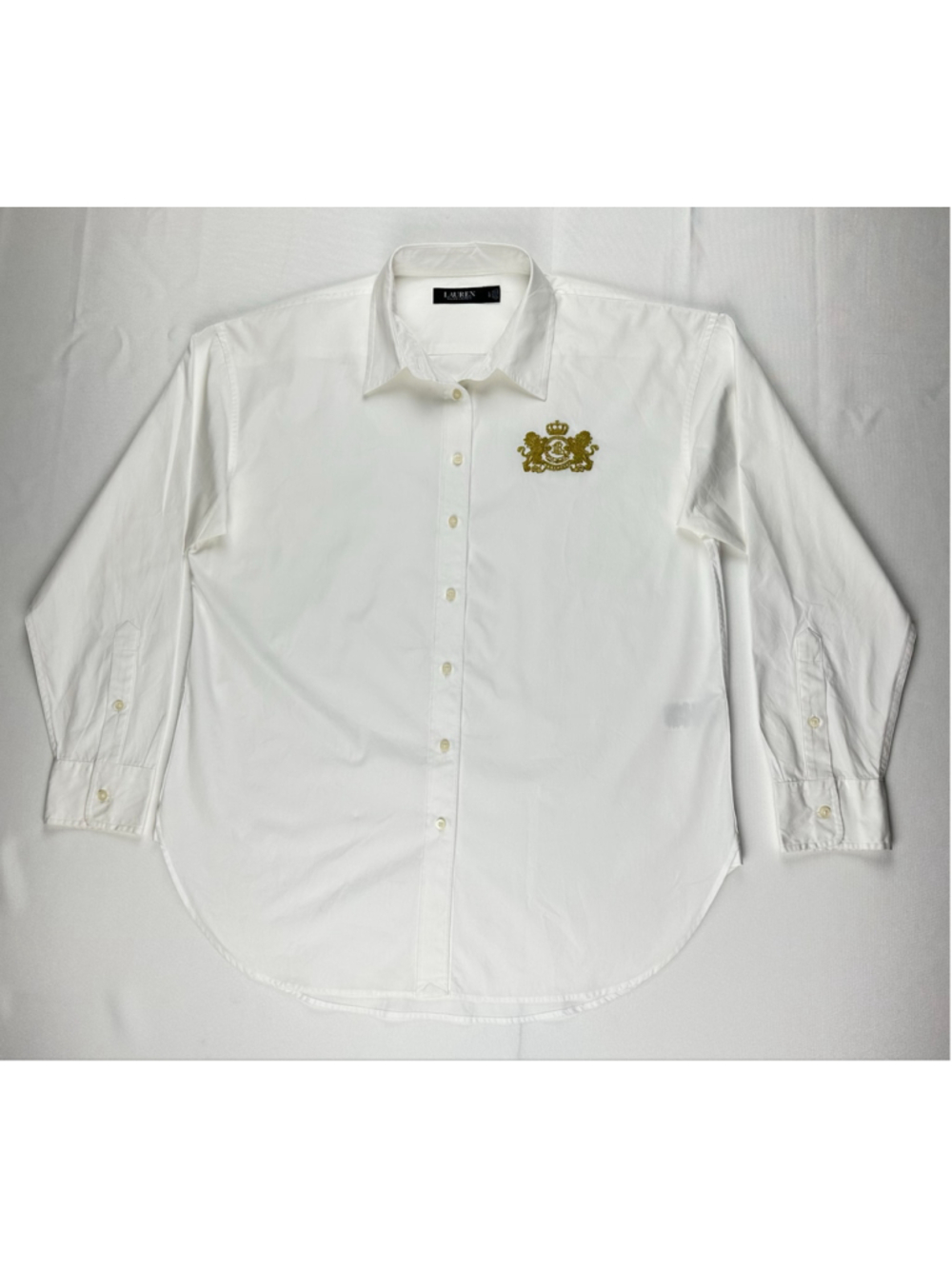 Lauren Ralph Lauren Women’s L White Cotton Shirt Gold Crest Logo Buttons - Picture 2 of 13